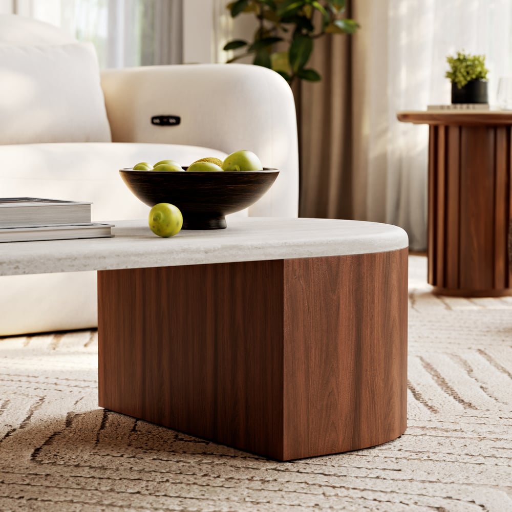 47"-60" Extendable Walnut Coffee Table with Travertine Veneer Top window image