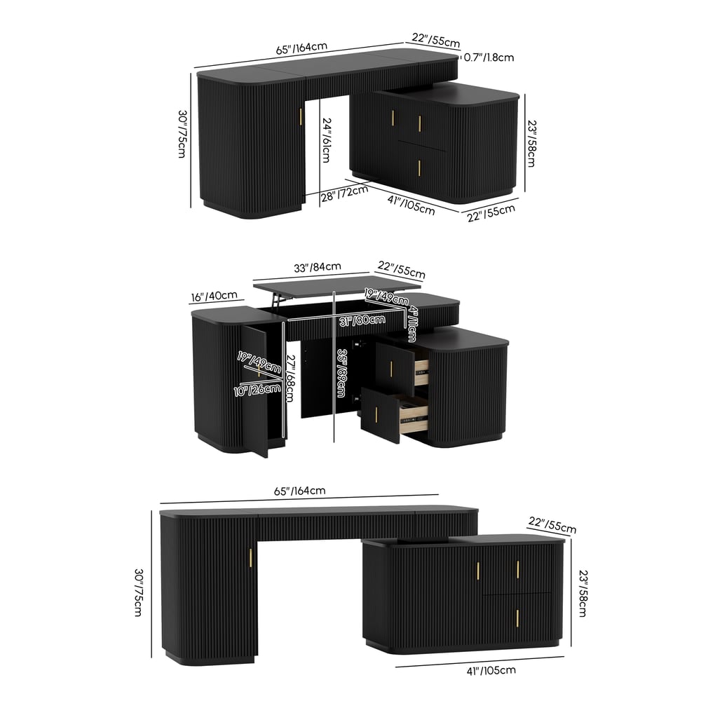 Velign 65" L-Shape Black Executive Desk with Right-Side Cabinet weights dimensions image