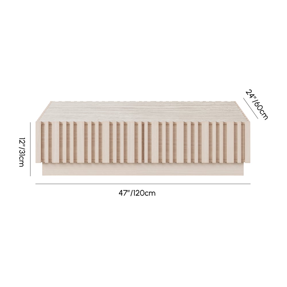 Aura 47" Ash Wood Slatted Coffee Table with Sintered Stone Top weights dimensions image