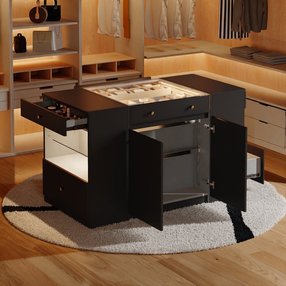 Selvo Saddle Leather Black Closet Island with Storage, Light and Jewelry Display window image