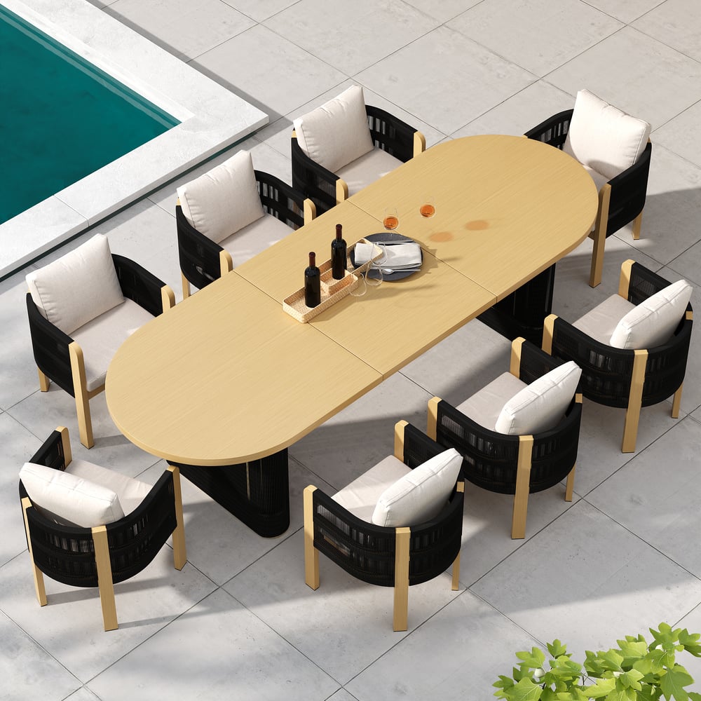Costra 9-Piece Outdoor Aluminum Frame Rope Dining Set with Extendable Table & 8 Chairs window image
