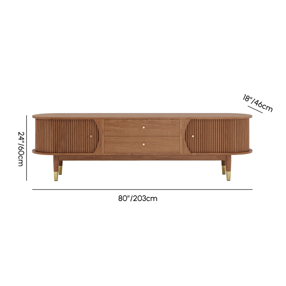 80" Ash Wood Fluted Walnut TV Stand with Storage weights dimensions image