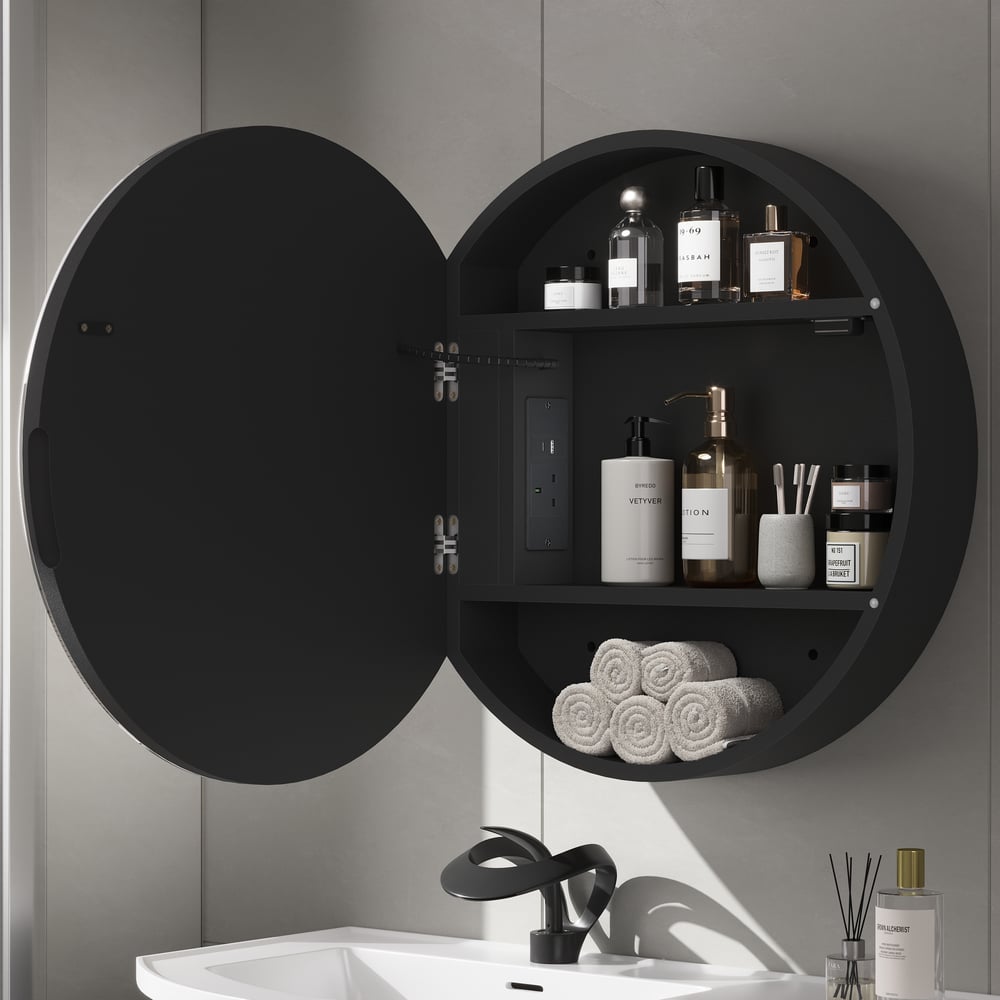60cm Round Black LED Bathroom Mirror Cabinet with Storage, Anti-Fog, Dimmable window image