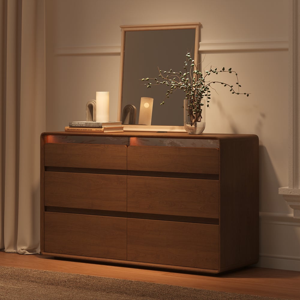 Meloa 47" Wooden Walnut 6-Drawer Dresser with Light and Charging Station window image