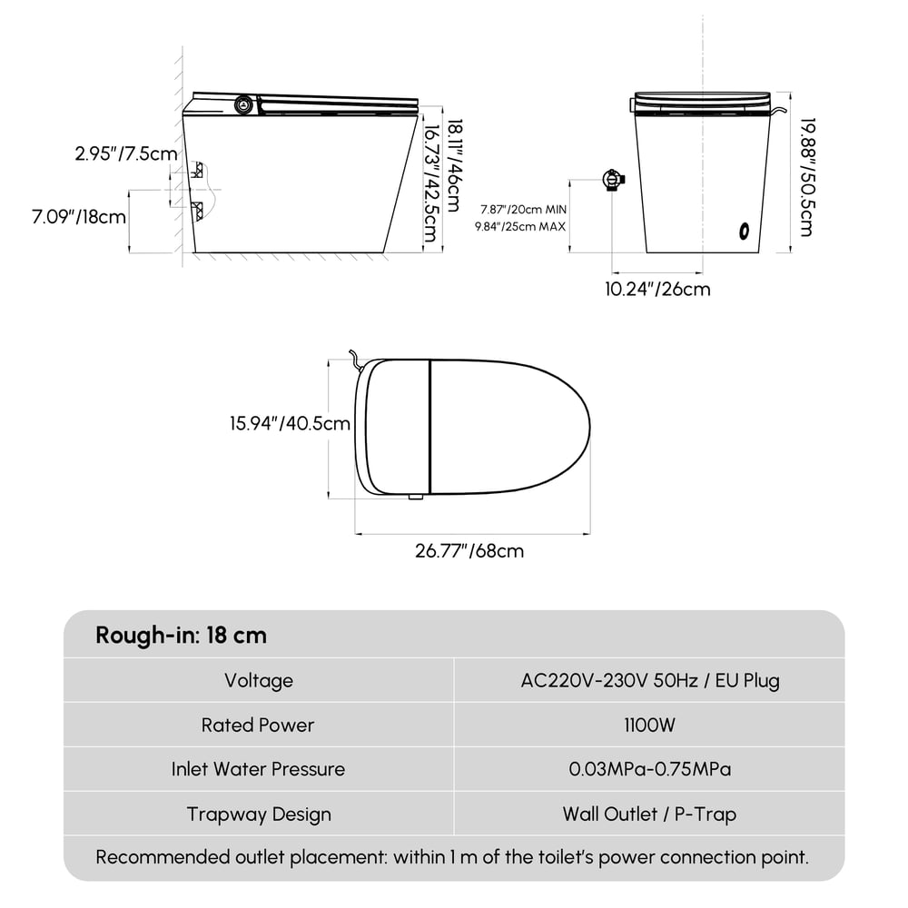 Hynova Smart Bidet Toilet with Powerful Flush, Built-in Tank, Foam Shield, Chair-Height weights dimensions image