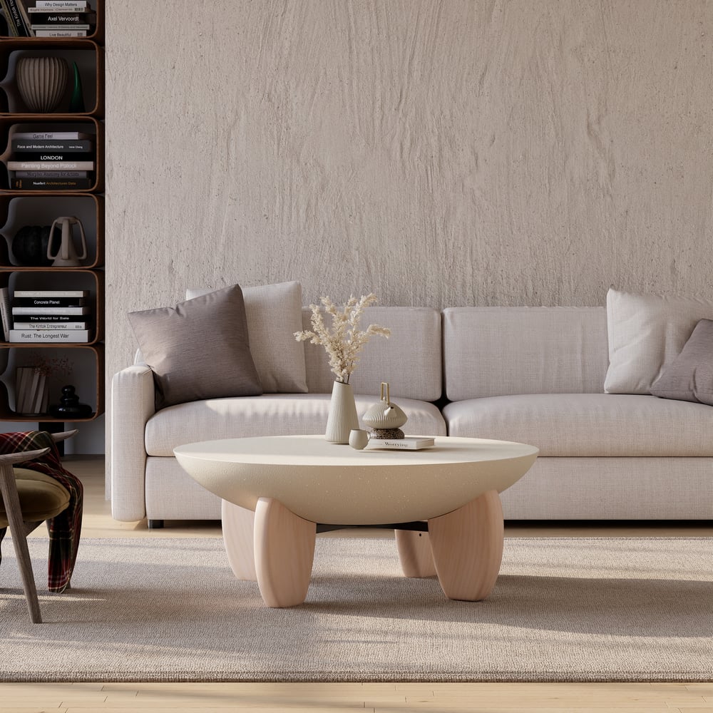 Mesa de Centro Curva Round de Betão e Nogueira com Pernas de Madeira Imagem da janela