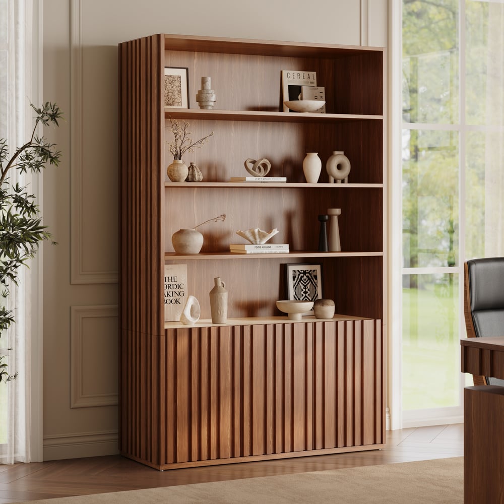 Aura 47” Ash Wood Fluted Walnut Bookcase With Sintered Stone Top