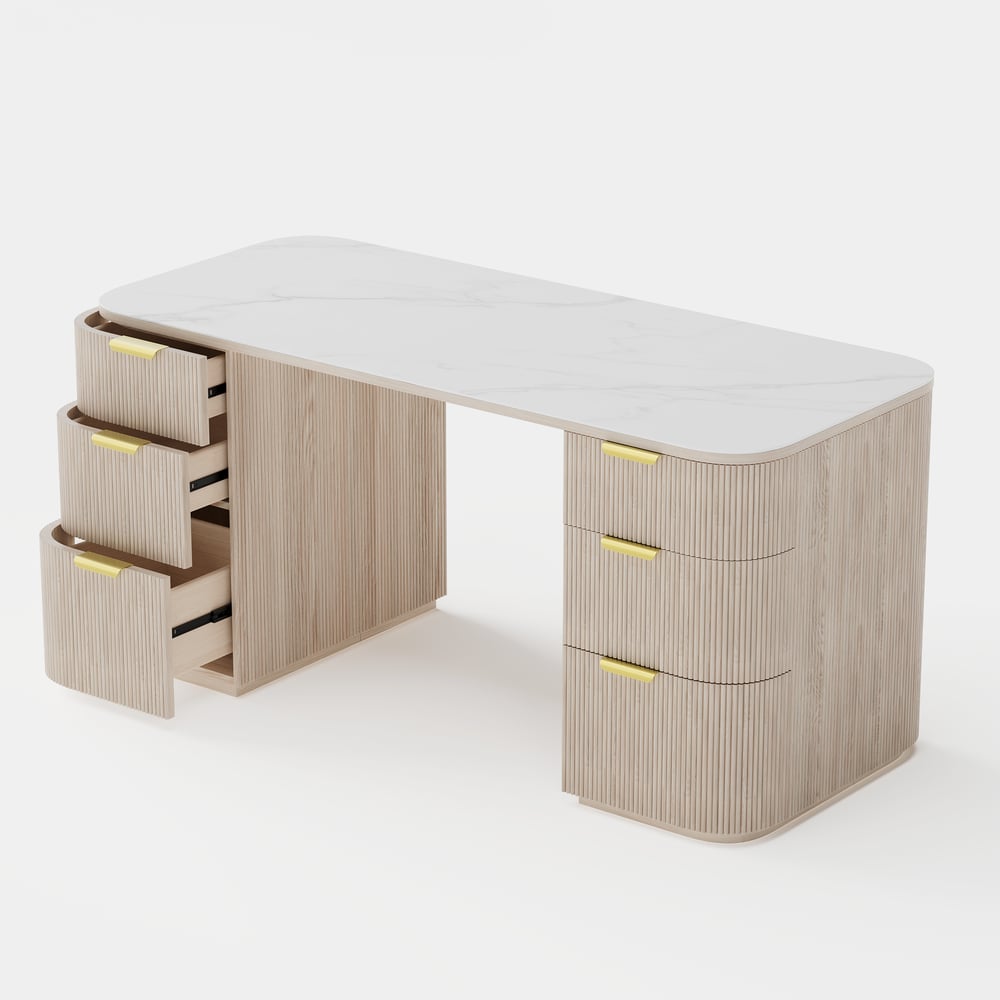 Modern White Ash & Stone Desk, 6 Drawers, 63.8