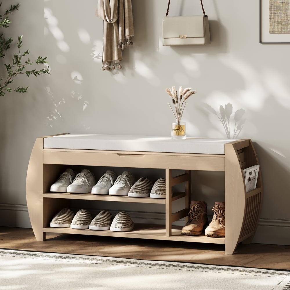 40'' Wood Veneer Whitewash Shoe Storage Entryway Bench with Shoe Rack ...