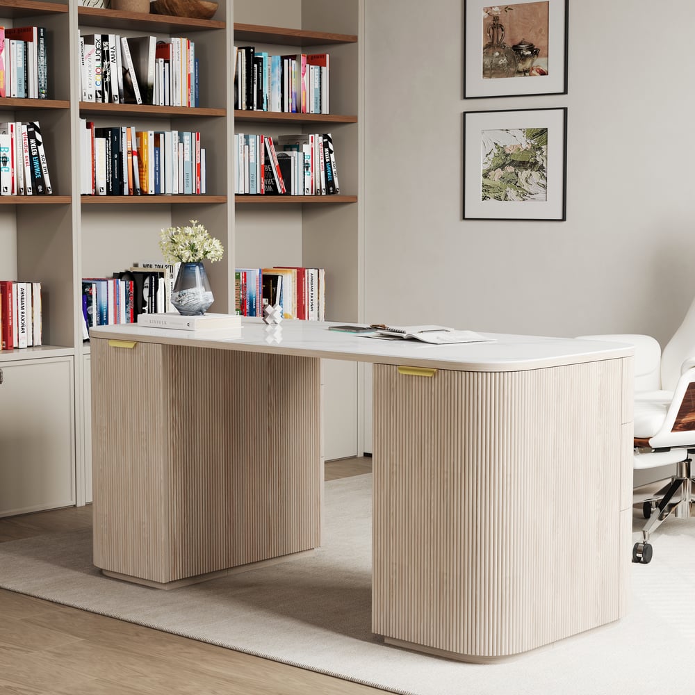 Modern White Ash & Stone Desk, 6 Drawers, 63.8