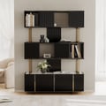 66.9" Glossy Black Sliding Door Etagere Bookshelf 5-Shelf Tall Book Shelf Rich Storage