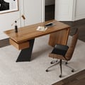 Set Industrial Distressed Wood Writing Desk Black Faux Leather Office Chair (70.9")