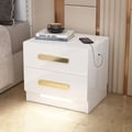 Square 2-Drawer White Nightstand with USB Port Sensor Light Bed Side Table Gold Pulls
