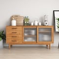 63" Mid-Century Modern Natural Sideboard Buffet with 2 Glass Doors & 4 Drawers & 1 Shelf