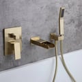 Modern Waterfall Wall-Mount Solid Brass Bathtub Faucet with Handshower in Brushed Gold