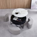 Modern Round Lift-Top Coffee Table with Storage & 3 Ottoman White & Black