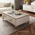 Chift 51" Modern Marble White Coffee Table & Storage Drawers Gold Stainless Steel Legs