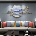 Modern Ginkgo Leaves Metal Wall Decor Gold & Blue with Landscape Patterns Living Room
