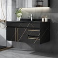 35" Floating Bathroom Vanity Faux Marble with Single Ceramic Sink Black