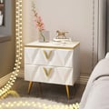 Nordic White Nightstand 2-Drawer Bedside Table V-Shaped Facet & Gold Pulls in Small
