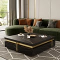 Trimied 43" Modern Black Square Storage Coffee Table Stone Top & 4 Wood Drawers