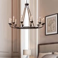 Candlely Vintage 12-Light Candelabra Wagon Wheel Chandelier with Flaxen Hemp Rope