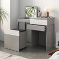 Tocador de maquillaje gris con espejo, tocador plegable con taburete y cajón oculto