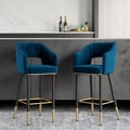 Modern Blue Velvet Bar Stool with Back & Metal Footrest