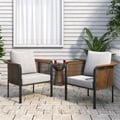 3 Pieces Coffee Rattan Outdoor Sofa Set with Glass Top Coffee Table and Gray Cushion