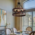 Farmhouse Wood Circle Chandelier Black Metal Cage 5-Light Exposed Bulbs