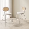 White Velvet Counter Stools (Set of 2) with Rattan Back for Kitchen Island
