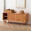 39.4" Wooden Storage Bench with Storage Sliding Doors Natural Pine Wood