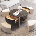 Round Nesting Coffee Table with 4 Stool & 2 Drawers in Distressed Gray