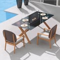3 Pieces Teak Wood Outdoor Dining Set with Glass Top Table Rattan Armchair in Natural