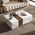 Vewal 47.2" Marble & Walnut Veneer Block Coffee Table with 2 Drawers