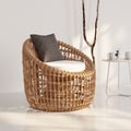 Austen Rattan Outdoor Barrel Chair Nest Shape Sidechair with Cushion in Brown