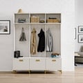 1500mm Hall Tree with Bench White Shoe Storage with 9 Hooks & 3 Doors & Open Storage