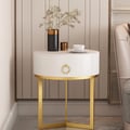 Round White Bedside Table with 1 Drawer Modern Bedside Table with Gold Frame