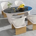 Set da pranzo ovale da giardino a 4 posti resistente alle intemperie in grigio in alluminio, rattan e vetro