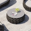 Tatta Modern Top Round Outdoor Coffee Table with Woven Rope Base & Storage in Black