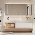 Ensemble de vanité flottant moderne pour salle de bain, en blanc et naturel, avec lavabo