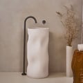 34" Tall Japandi Stone Resin Freestanding Bathroom Sink Cylinder Pedestal Sink in Beige