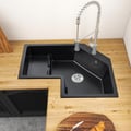 32" Modern Black Drop In Corner Kitchen Sink Single Bowl Quartz Irregular Left Sink