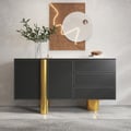 60" White Storage Sideboard Buffet Sintered Stone Top Black Faux Leather Cabinet