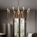 Mid Century Modern Farmhouse 8-Light Candle-Style Chandelier Wood Pendant Light in Gold