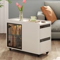 Narrow Side Table Skinny End Table with Wheels 2 Drawer Glass Door Storage