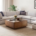 35" Square Pine Wood Block Coffee Table with 4 Drawers