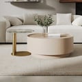 Set of 2 Round Nesting Coffee Table Set White Oak with 2 Drawers in White & Clear & Gold