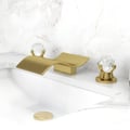 Deck Mount Widespread Waterfall 2 Crystal Handle Bathroom Sink Faucet in Brushed Gold