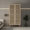 Cottage 2-Door Rattan Closet with Hidden Drawer Natural Woven Cabinet Ash